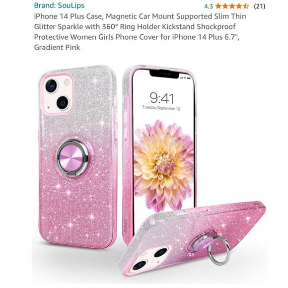 I phone 14 plus Cell phone case pink sparkle with ring holder kickstand slim - Picture 3 of 6